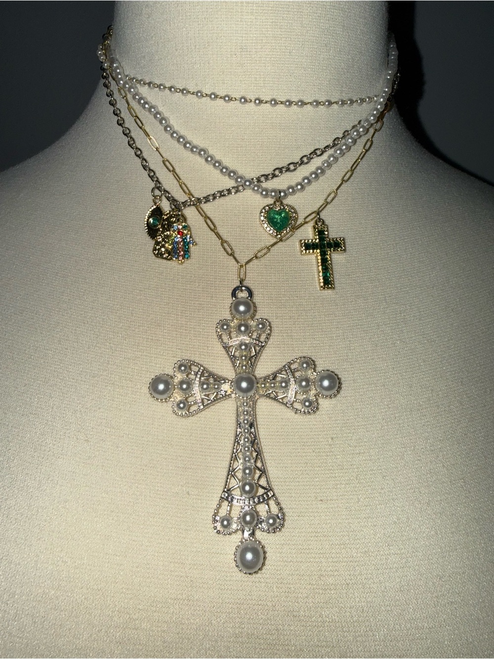Layered Pearl and Green Cross Necklace Set - Women Jewelry